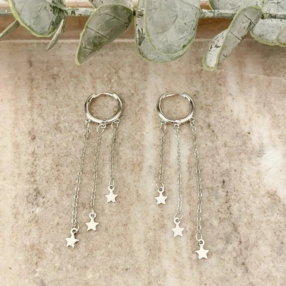 925 Sterling Silver Star Huggie Earrings Dangle Star Drop Earrings Hoop Huggies - Picture 1 of 6